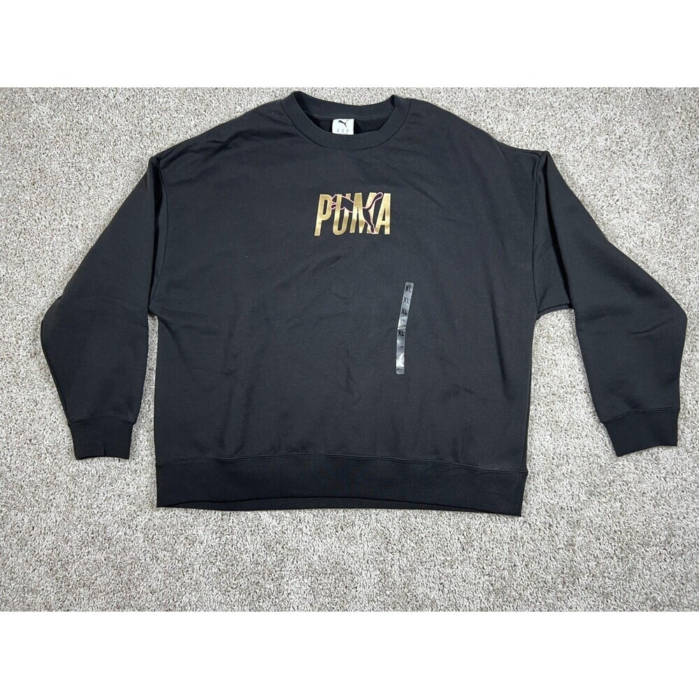 Puma ESS Shine Crew Sweatshirt XL Black Gold Logo Fleece NWT